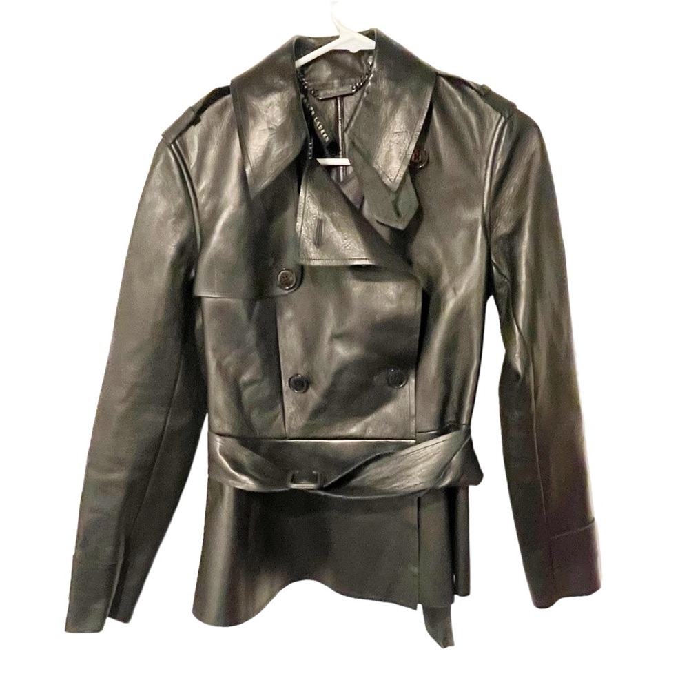 Ralph Lauren Size 2 Black Label Soft Lamb Leather Belted Short Trench Coat